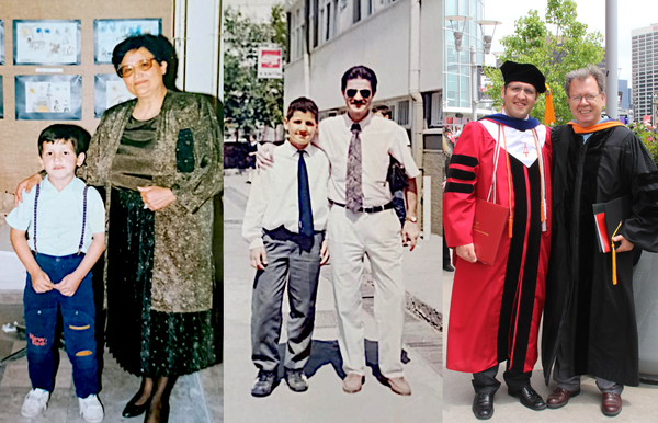 Collage of three photos: a boy with his kindergarten teacher, then in middle school with a mentor, and finally as an adult with his PhD advisor at graduation.